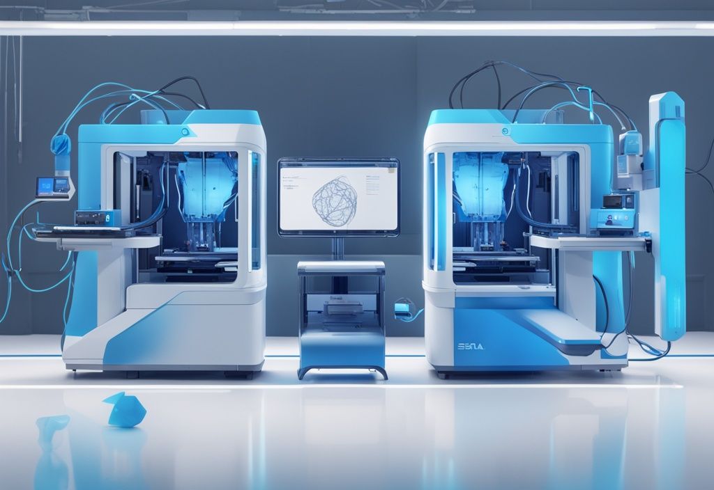 Futuristische digitale Illustration in elektrischen Blau mit zwei 3D-Druckern, einer mit MSLA-Technologie und der andere mit SLA, und detaillierten Infografiken zur Differenzierung der MSLA vs SLA 3D Druck.