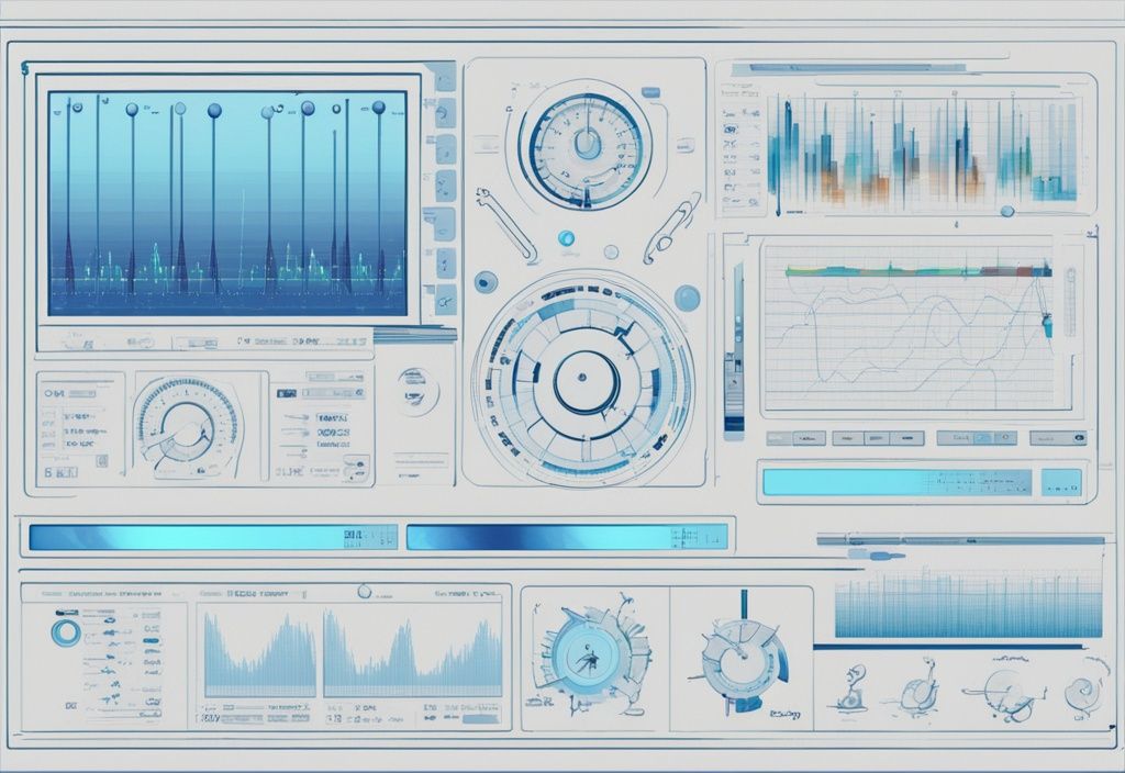 Futuristische digitale Illustration in elektrischen Blau mit einem Bildschirm, der den Prozess der PID-Optimierung mit bunten Diagrammen und Anzeigen zeigt.