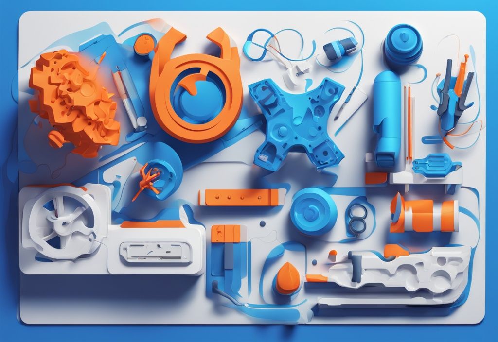 Futuristische digitale Illustration mit elektrischen Blau-Tönen, die den dynamischen 3D-Designprozess auf der Tinkercad-Oberfläche zeigt und die Tinkercad Erfahrungen des Nutzers darstellt.