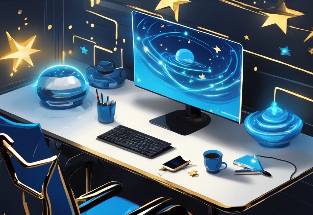 Futuristische digitale Illustration mit Neptune 3 Pro Gerät auf modernem Schreibtisch, umgeben von fünf goldenen Sternen, die hohe Bewertungen symbolisieren - Neptune 3 Pro Erfahrungen.