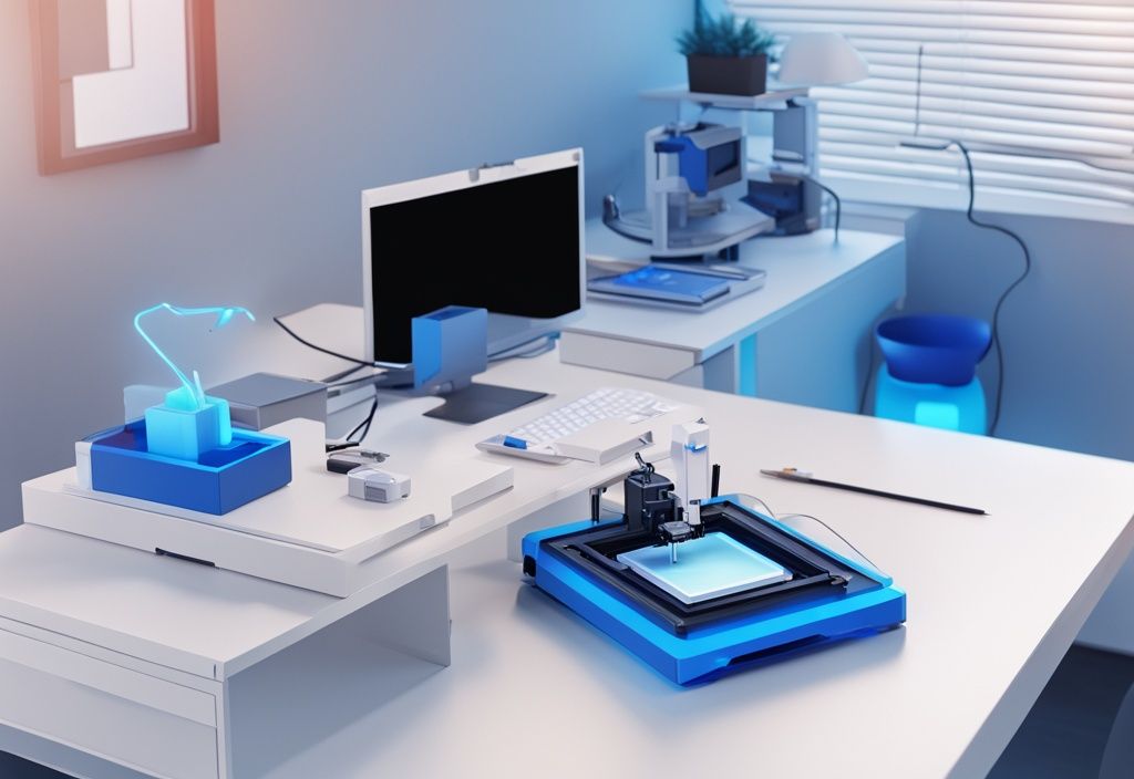 Futuristische digitale Illustration mit elektrischem Blau, kleine 3D Drucker auf einem organisierten Schreibtisch, der ein Miniaturmodell eines modernen Hauses druckt.