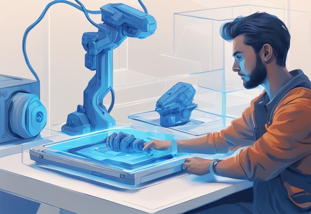 Futuristische digitale Illustration einer Person, die mit dem Anycubic Kobra 2 Pro 3D-Drucker arbeitet, in elektrischen Blau-Tönen.