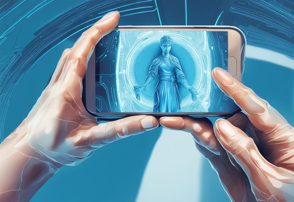 Futuristische digitale Illustration in elektrischen Blau-Tönen: Eine Hand hält ein Smartphone und führt einen 3D Scan mit Handy von einer komplexen Statue auf einem Tisch durch, das Scan-Ergebnis ist auf dem Bildschirm sichtbar.