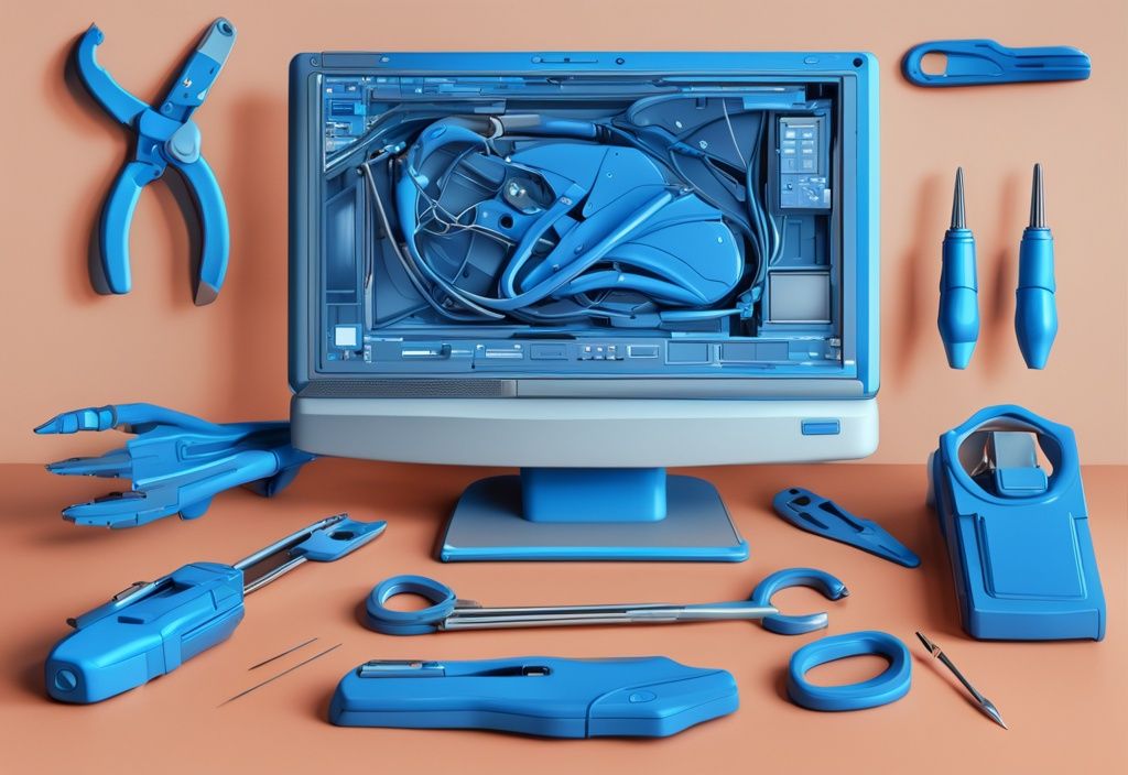 Futuristische digitale Illustration mit elektrischem Blau, zeigt 3D-Modell auf Computerbildschirm und Werkzeuge zur STL reparieren.