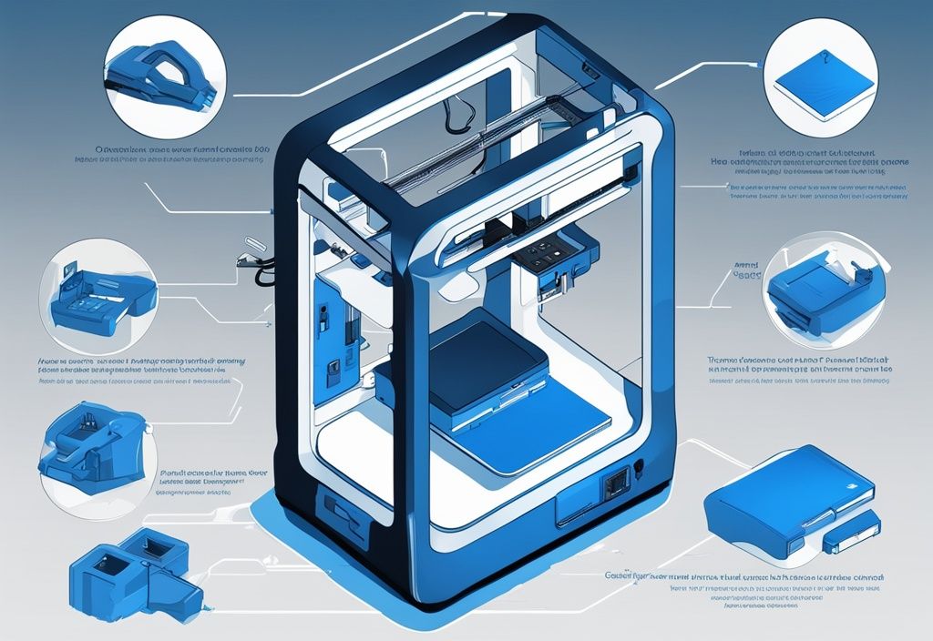 Futuristische digitale Illustration eines detaillierten, klar beschrifteten Diagramms zum Zusammenbau eines 3D-Druckers mit dem Hauptfarbthema Elektrisches Blau.