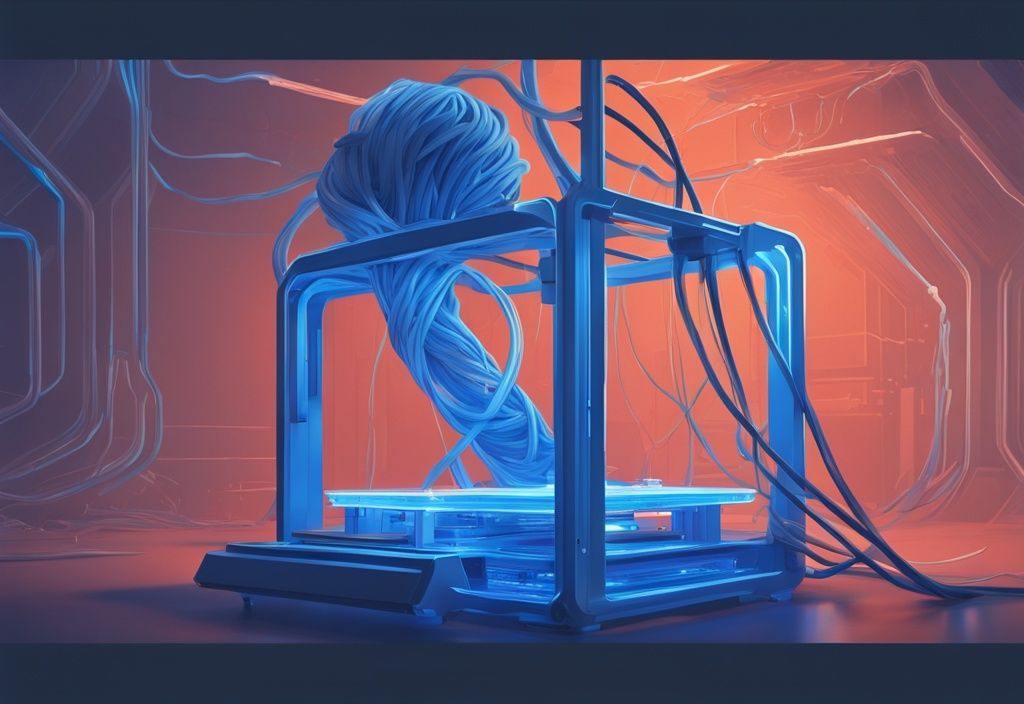 Futuristische digitale Illustration eines 3D-Druckers beim ABS drucken eines komplexen Objekts mit elektrischen blauen Farbtönen.