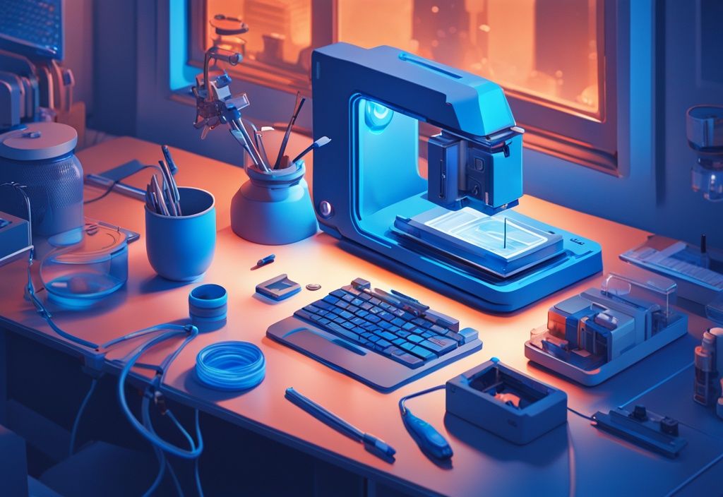 Futuristische digitale Illustration in elektrischen Blautönen, 3D-Drucker auf modernem Schreibtisch mit verschiedenen Miniatur-Objekten.