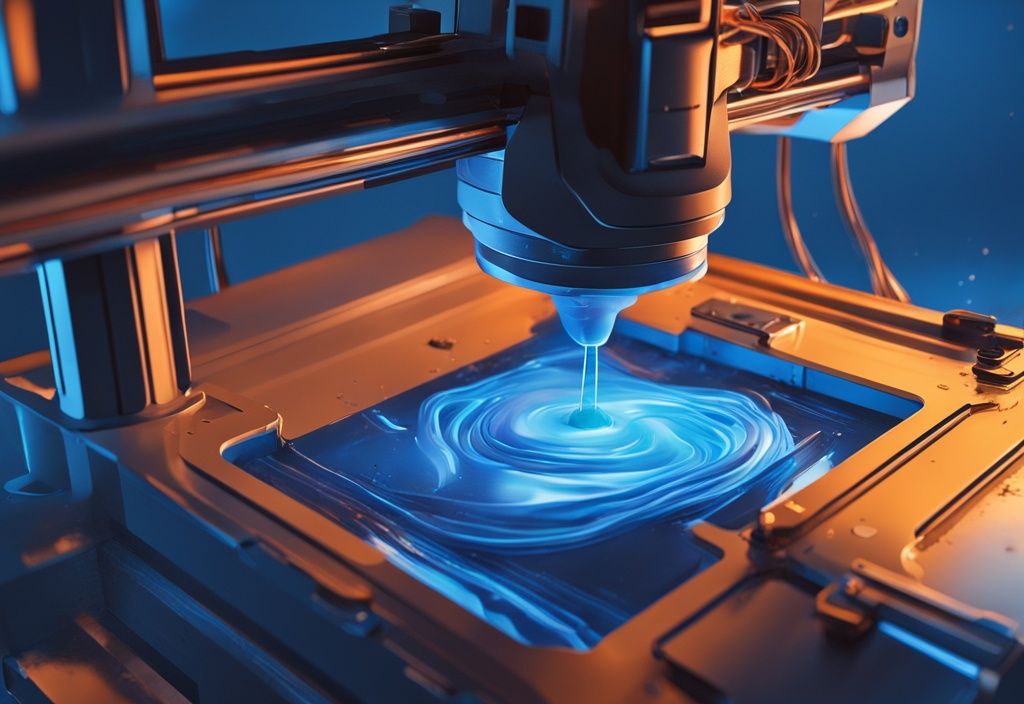 Futuristische digitale Illustration eines 3D-Druckers in Betrieb, bei dem Filament läuft aus Düse in unordentlichen Strängen, Hauptfarbthema ist elektrisches Blau.