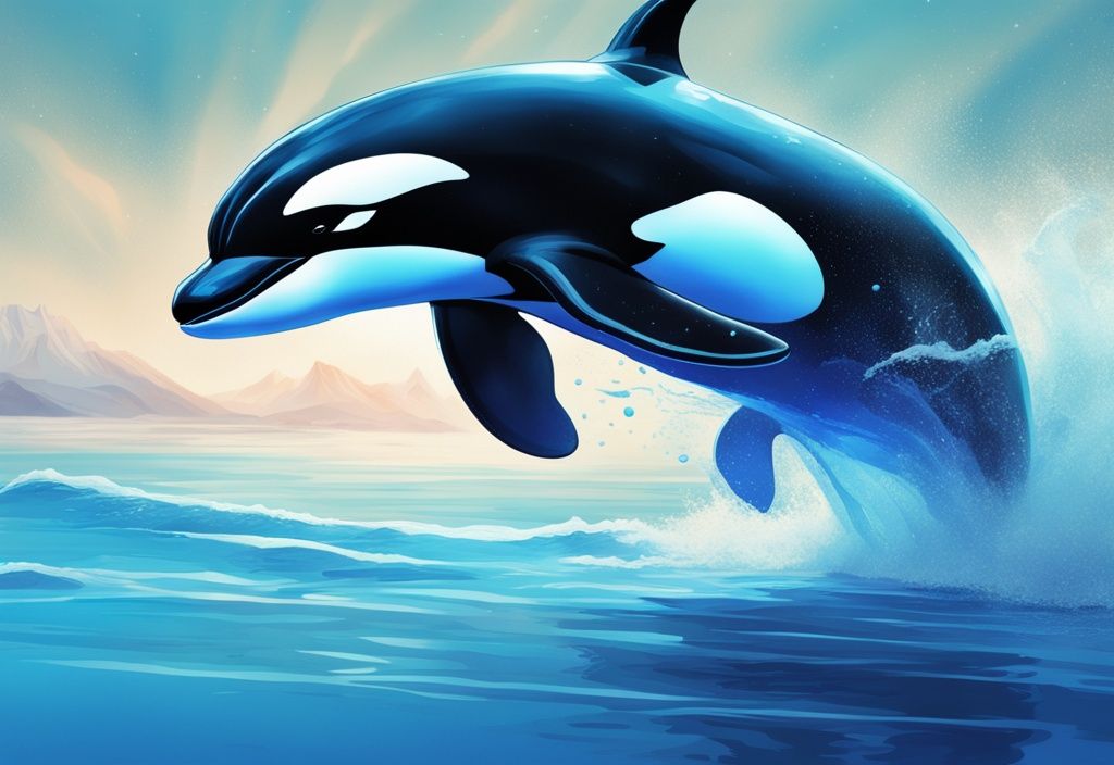 Futuristische digitale Illustration eines eleganten Orcas, der sich majestätisch durch azurblaue Gewässer bewegt; Hauptfarbthema: elektrisches Blau; Keyword: Orca Slicer