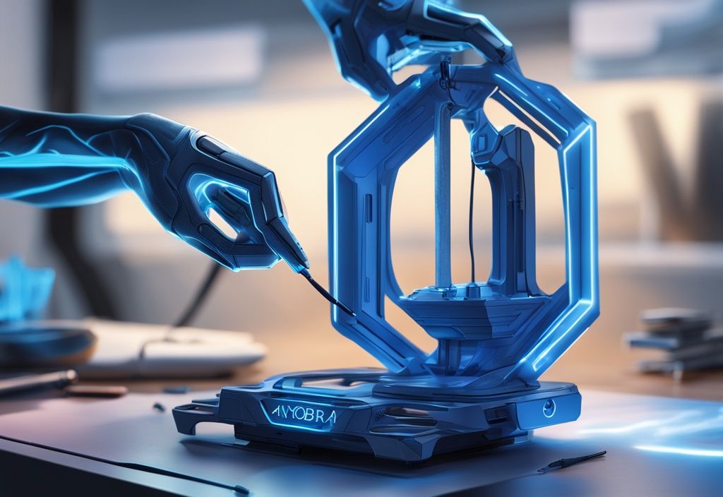 Futuristisches digitales Gemälde in elektrischen Blautönen, Nahaufnahme des Anycubic Kobra 2 Pro im Einsatz, zeigt ein halb fertiges 3D-Objekt auf der Plattform, Anycubic Kobra 2 Pro Erfahrungen.