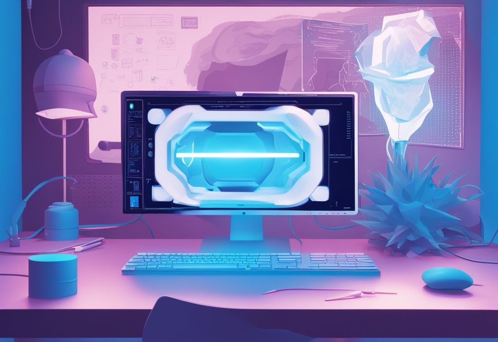 Futuristische digitale Illustration in elektrischen Blau, Benutzer arbeitet konzentriert mit Chitubox-Software am Desktop-Computer, fertiges 3D-gedrucktes Objekt daneben, zeigt Chitubox-Erfahrung.