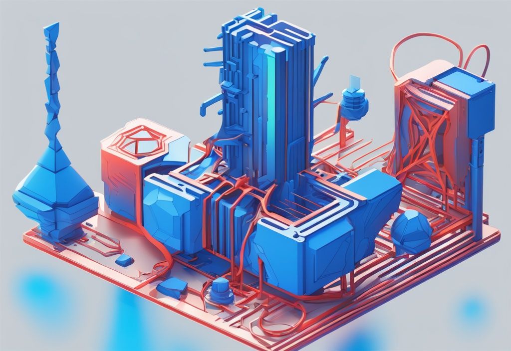 Futuristische digitale Illustration in Elektroblau zeigt 3D-Modell einer komplexen geometrischen Struktur im Tinkercad-Interface.