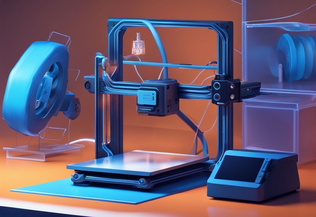 Futuristisches digitales Gemälde mit 3D-Drucker, der seine Funktionalität zeigt, neben einem kleinen 3D-gedruckten Objekt und einem Preisschild von 500 €; Hauptfarbthema: Elektrisches Blau.