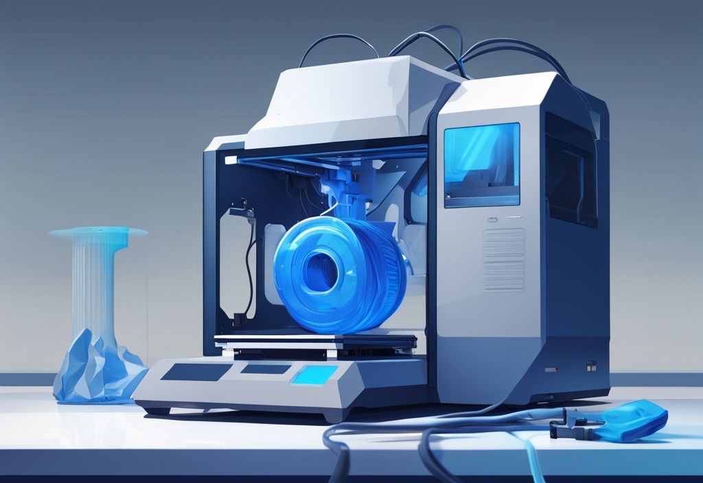 Futuristische digitale Illustration eines 3D-Drucker-Hotends mit verstopftem Filament in elektrischen Blau-Tönen