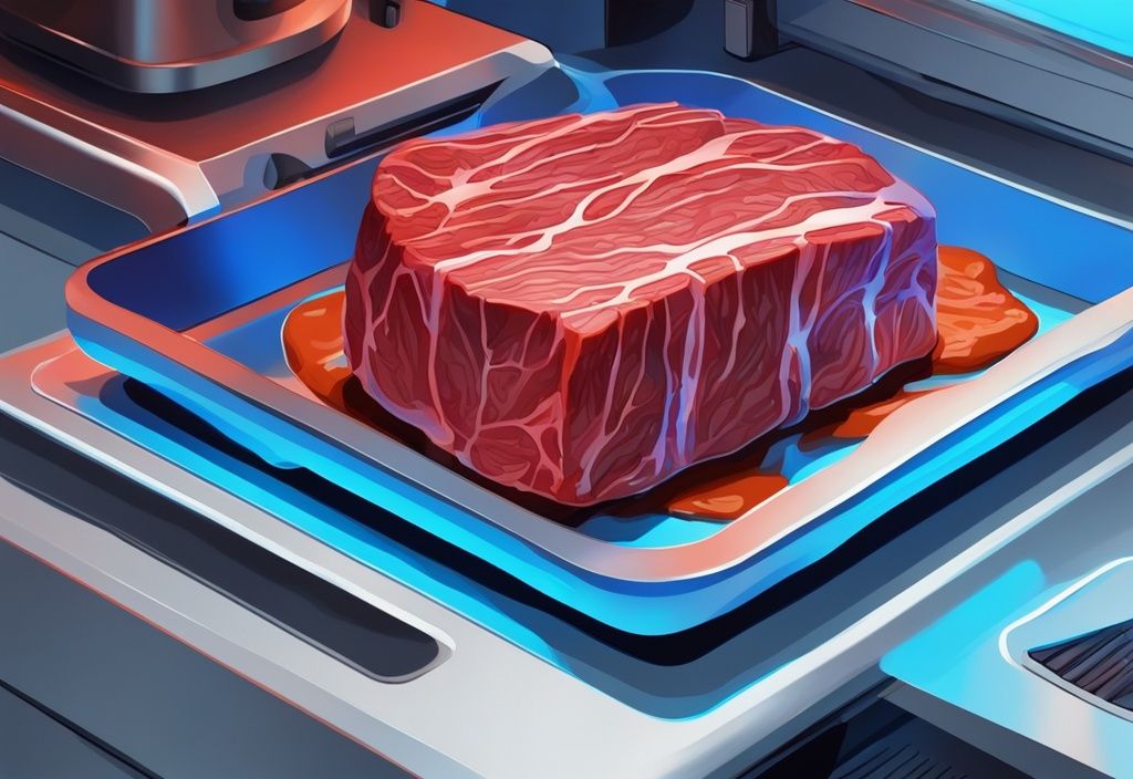 Futuristisches digitales Gemälde mit einem 3D-Drucker, der ein realistisches Stück Fleisch aus dem 3D Drucker in elektrischen Blau-Tönen herstellt.