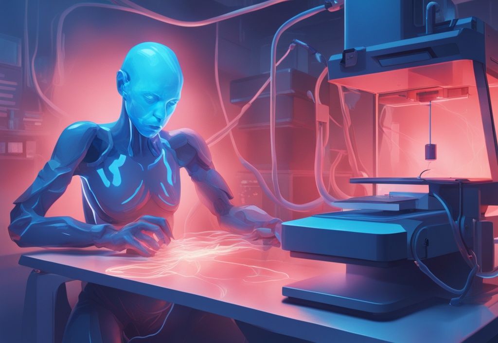 Futuristische digitale Illustration eines 3D-Druckers, der eine halbtransparente, geisterhafte Figur in elektrischen Blautönen druckt, mit Geisterbildern und leicht verschwommenen, doppelten Kanten.