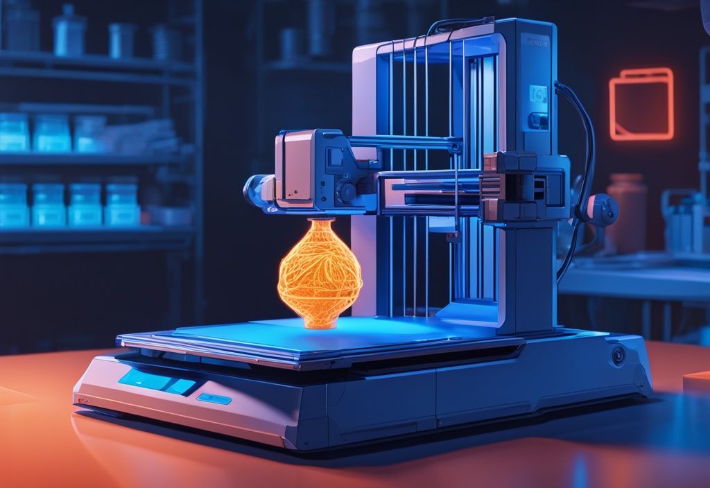 Nahaufnahme eines MSLA 3D Druckers mit halb-fertigem Objekt auf der Druckplattform unter dem leuchtenden Licht der Maschine, futuristische digitale Illustration in elektrischen Blau.