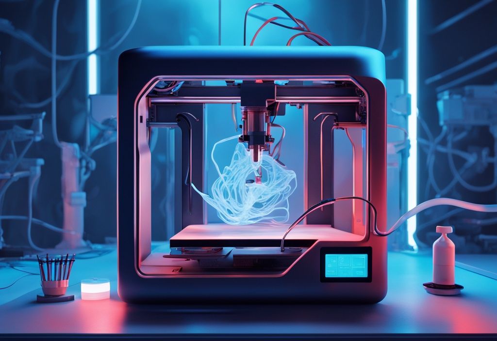 Futuristisches digitales Gemälde in elektrischen Blau mit einem 3D-Drucker im Druckvorgang und sichtbarem 3D Druck Ghosting auf der Druckplattform.