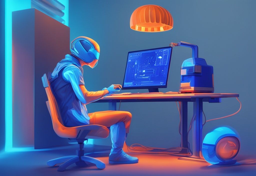 Futuristische digitale Illustration in elektrischen Blau mit einem Anfänger, der 3D-Drucker Software Anfänger auf dem Computer verwendet, um ein einfaches Objekt zu entwerfen.