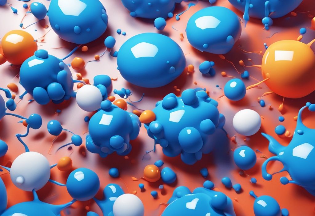 Futuristische digitale Illustration mit elektrischen Blau als Hauptfarbe, zeigt eine Ansammlung von bunten 3D Druck Blobs in verschiedenen Formen und Größen auf einer sauberen, weißen Oberfläche.