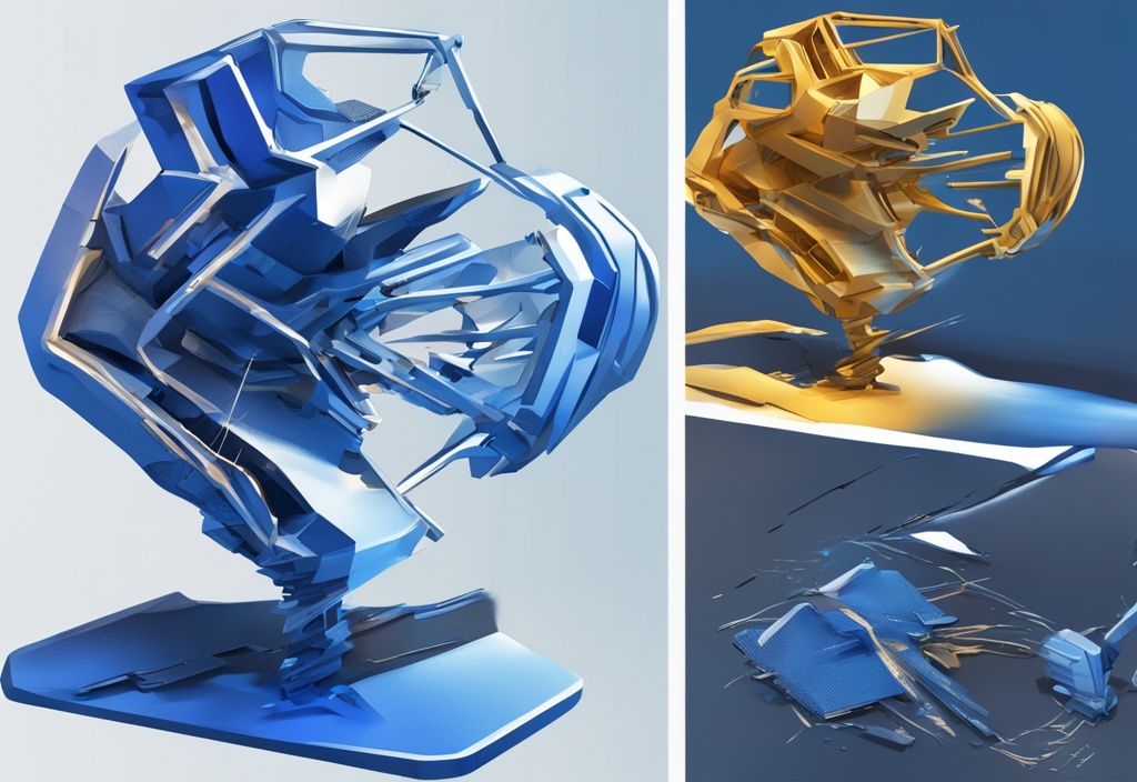 Futuristische digitale Illustration in elektrischen Blau mit einem gebrochenen 3D-STL-Modell und einer reparierten Version, die den STL-Reparaturprozess symbolisiert.