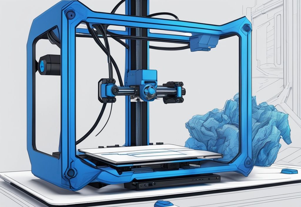 Futuristisches digitales Gemälde in elektrischen Blau zeigt Creality Ender 3 V3 SE 3D-Drucker bei einem komplexen Creality Ender 3 V3 SE Test.