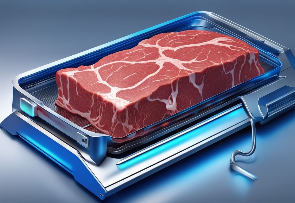 Futuristische digitale Illustration eines 3D-Druckers, der ein detailliertes Stück Fleisch auf einen hochmodernen Metallteller druckt, Hauptfarbthema: elektrisches Blau.