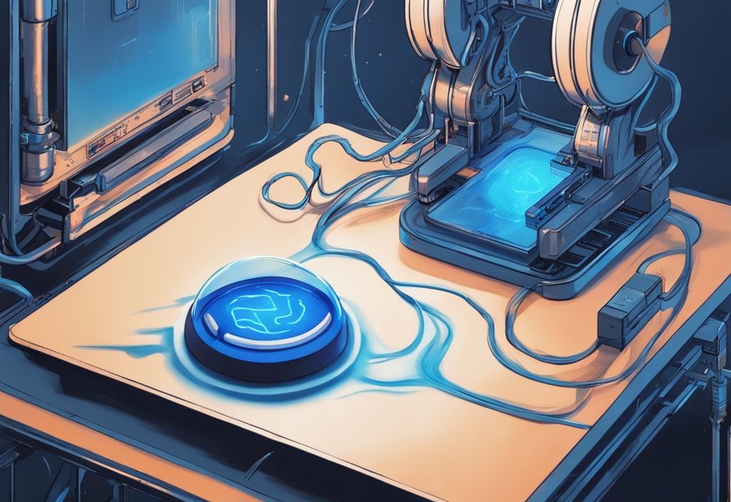 Futuristisches digitales Gemälde in elektrischen Blau-Tönen, das einen 3D-Drucker zeigt, der ein Objekt mit sichtbaren Anzeichen von 3D Druck Warping druckt.