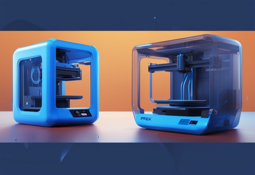 Futuristische digitale Illustration von zwei 3D-Druckern, einer druckt mit PEEK-Filament und der andere mit PEKK-Filament, zeigt die Unterschiede zwischen den Materialien, Hauptfarbe elektrisch blau, PEEK vs PEKK 3D Druck.