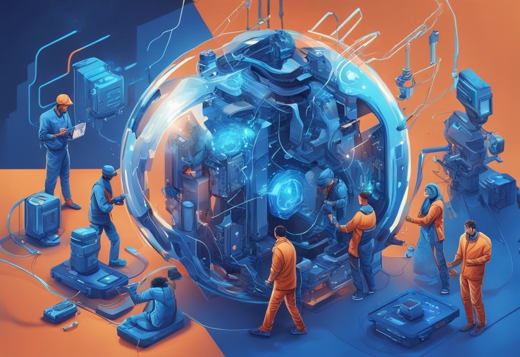 Futuristische digitale Illustration in elektrischen Blautönen, diverse Gruppe von Personen arbeitet gemeinsam an der Erstellung eines komplexen Objekts mit 3MF-Technologie.