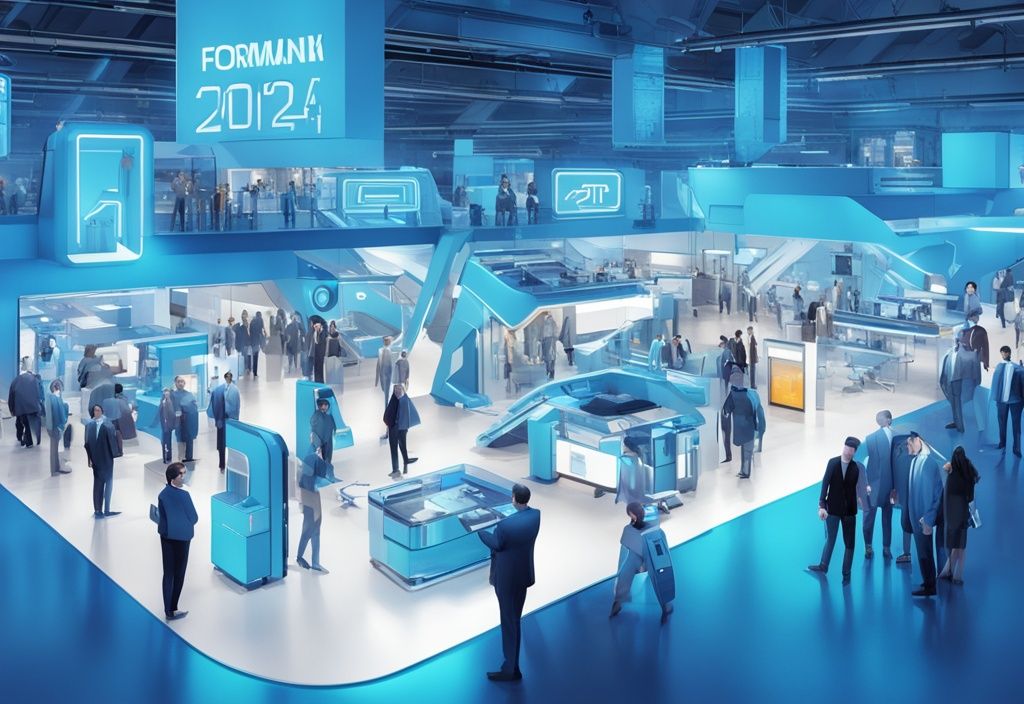 Futuristische digitale Malerei einer belebten Ausstellungshalle mit Geschäftsleuten und hochmodernen 3D-Druckmaschinen, Schild "Formnext 2024 in Frankfurt