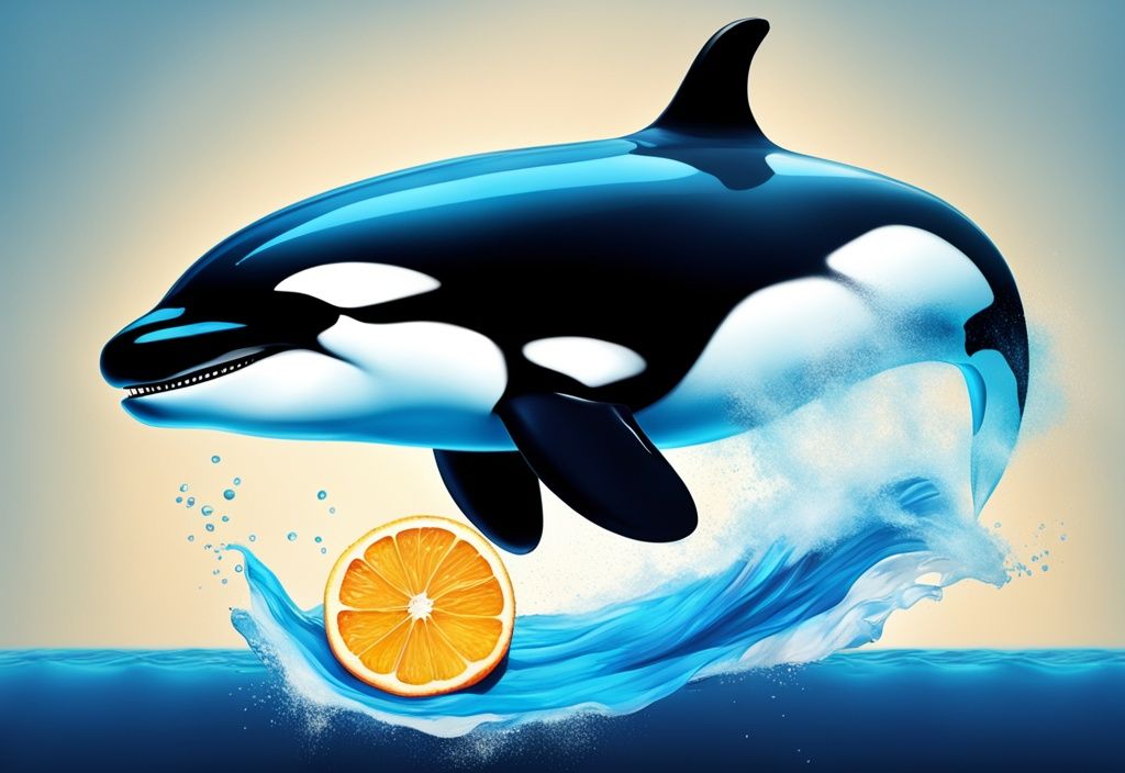 Futuristische digitale Illustration eines springenden Orcas über der Meeresoberfläche mit einem stilisierten Zitrusschneider, Hauptfarbthema elektrisches Blau.