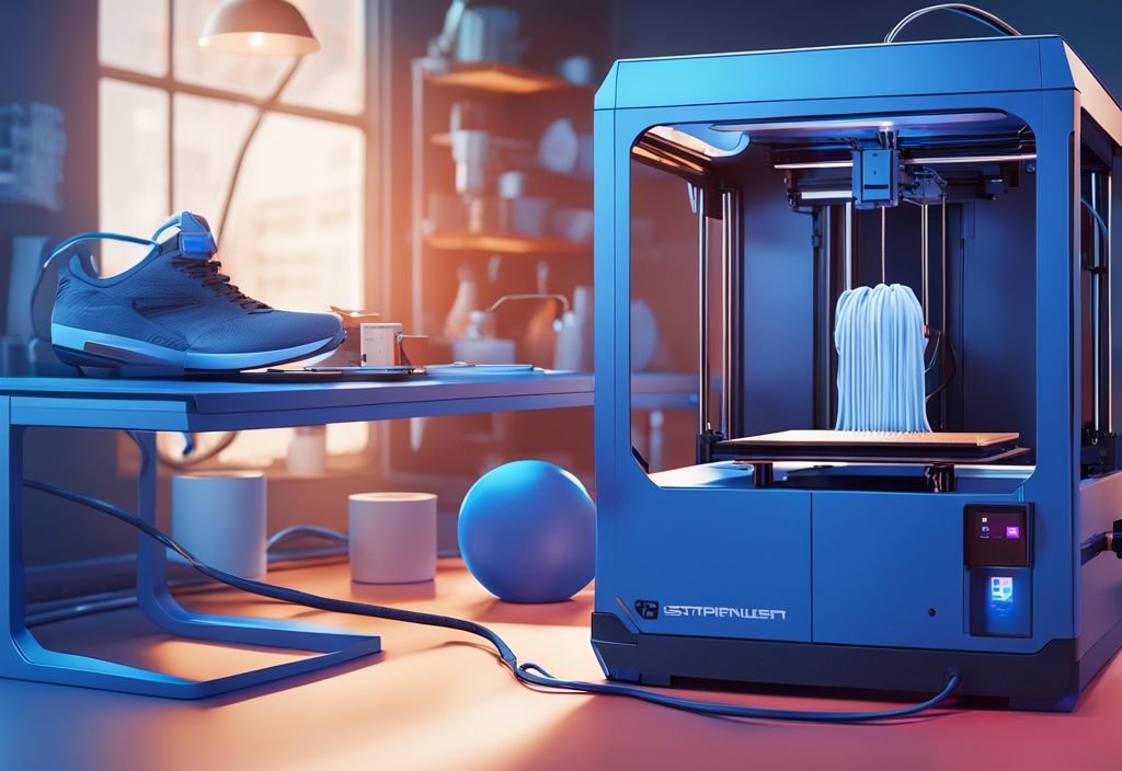 Futuristische digitale Illustration eines 3D-Druckers in Betrieb mit hochwertigem PETG-Filament und ohne PETG Stringing vermeiden, Hauptfarbe elektrisch blau.