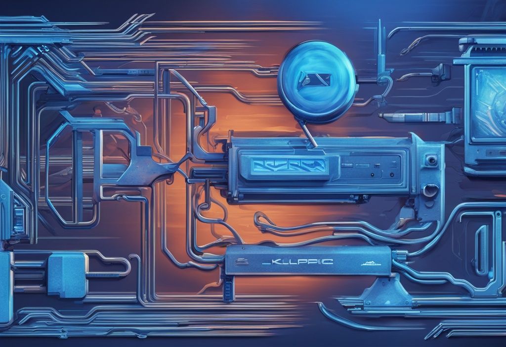 Futuristische digitale Illustration in elektrischen Blau, die einen Vergleich zwischen Klipper und Marlin Firmware zeigt, möglicherweise mit symbolischen 3D-Drucker-Schnittstellen oder Logos.