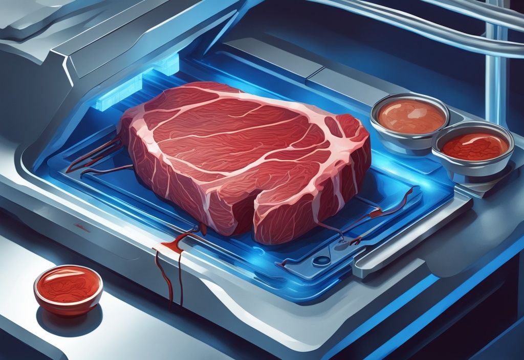 Futuristische digitale Illustration eines 3D-Druckers, der ein realistisches Steak in elektrischen Blautönen druckt; Fleisch aus dem 3D Drucker.