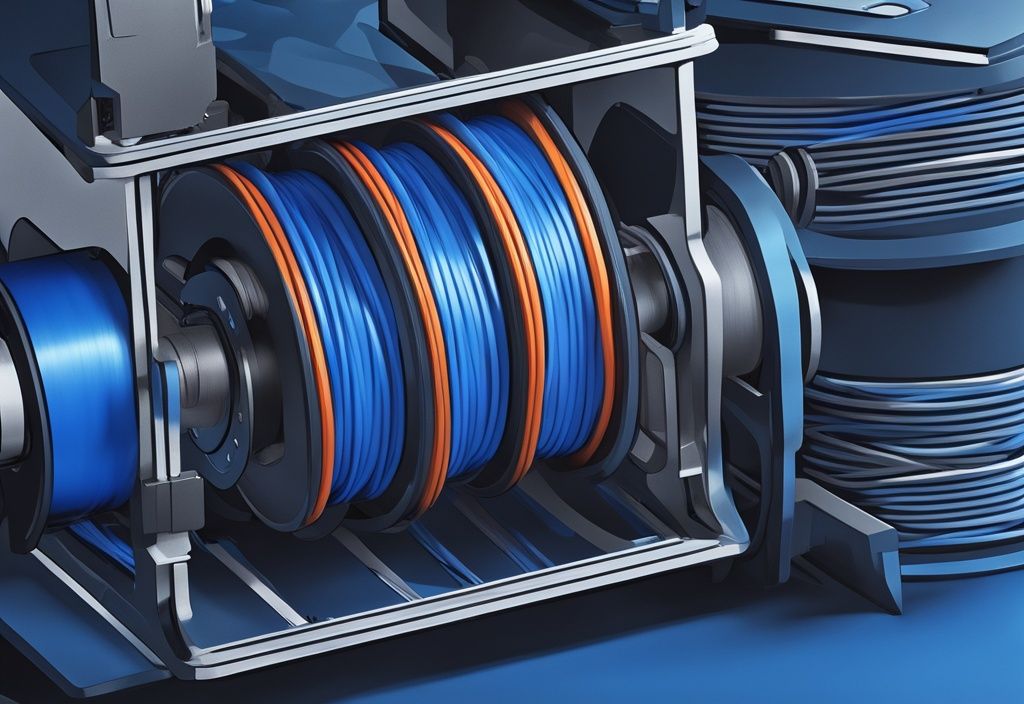 Futuristische digitale Illustration in elektrisierendem Blau mit bunten 3D-Drucker-Filamentrollen und einem modernen 3D-Drucker.