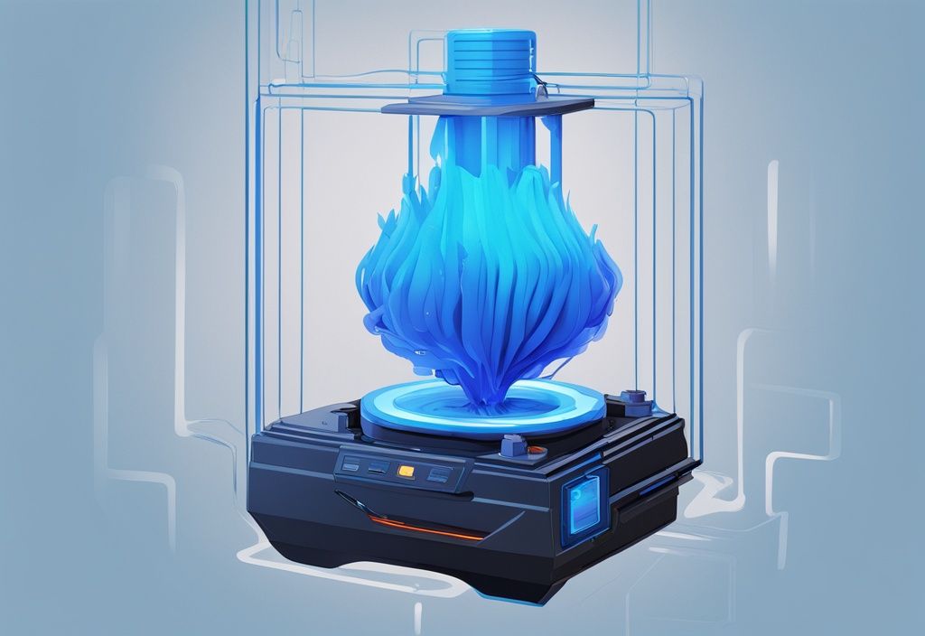 Futuristische digitale Illustration in elektrisches Blau, 3D-Drucker-Hotend durch Filament verstopft, symbolisiert eine Verstopfung.