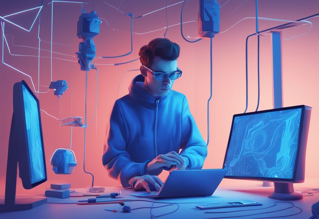 Futuristische digitale Illustration in elektrischen Blau mit Person, die ein 3D-Modell auf einem Computerbildschirm bearbeitet, zeigt den kreativen Prozess von Tinkercad.