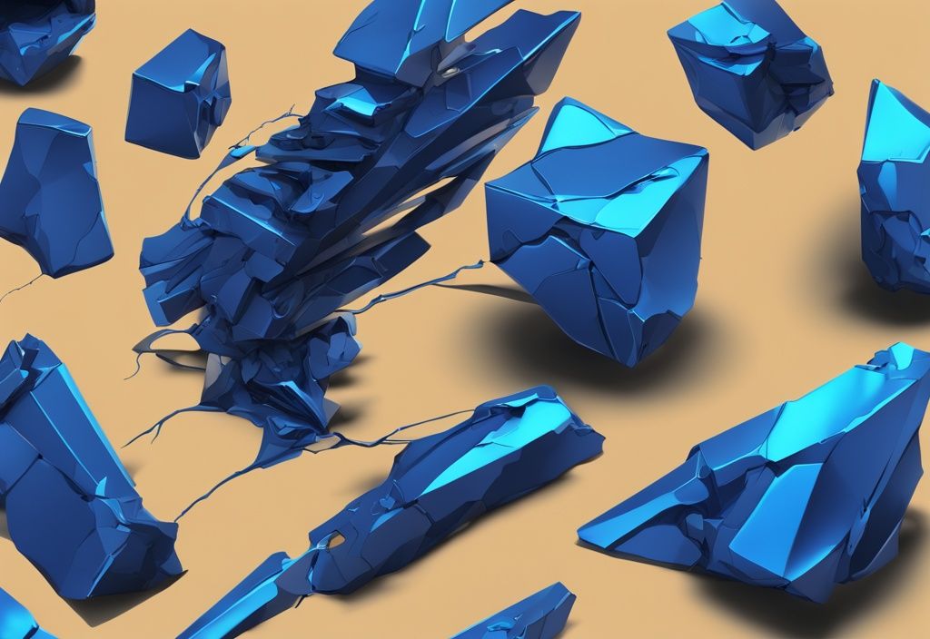 Futuristische digitale Malerei mit elektrischem Blau, zeigt ein gebrochenes 3D STL-Modell und eine reparierte Version, symbolisiert den STL-Reparaturprozess.