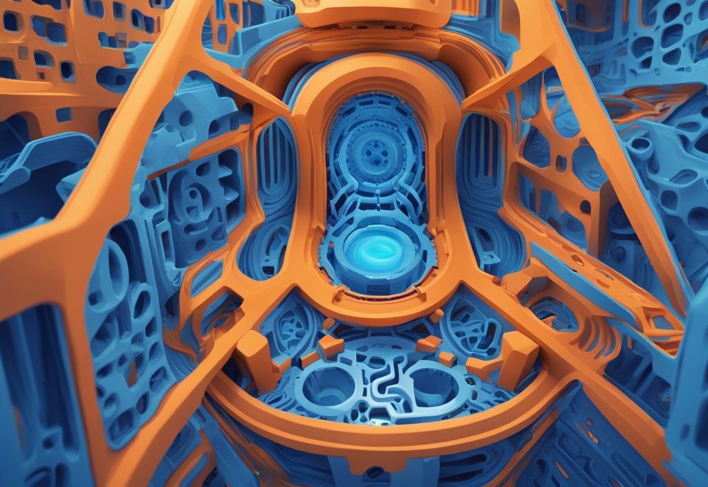 Futuristische digitale Illustration eines 3D-Druckobjekts in elektrischen Blau, die die komplexen Infill-Muster im Querschnitt zeigt. 3D Druck Infill