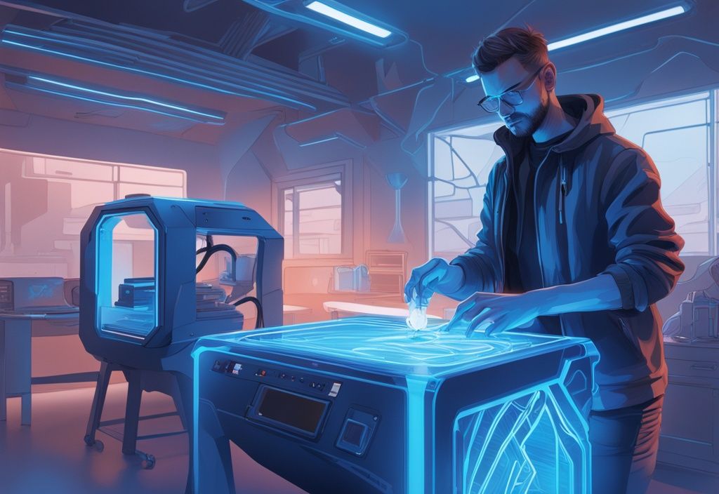 Futuristische digitale Illustration in elektrischen Blau, zeigt eine Person, die den Anycubic Kobra 2 Pro 3D-Drucker benutzt und den Erstellungsprozess eines 3D-Modells.