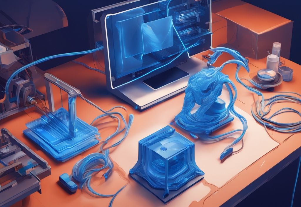 Futuristische digitale Illustration eines 3D-Druckers, der ein Objekt aus PETG-Filament in elektrischen Blautönen druckt, ohne sichtbare Stringing-Anzeichen.