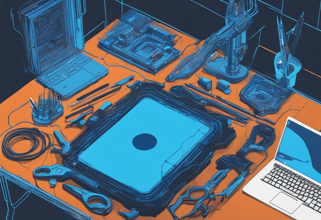 Futuristische digitale Illustration in elektrischen Blau, zeigt 3D-Modell auf Computerbildschirm mit Werkzeugen zur STL reparieren.