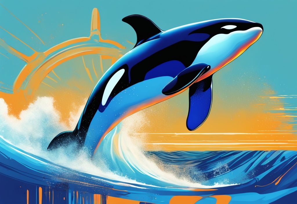 Futuristische digitale Illustration einer beeindruckenden Orca, der über die Meeresoberfläche springt, mit einem stilisierten Zitrusschneider, der seine scharfen und effizienten Eigenschaften hervorhebt, in der Hauptfarbe elektrisches Blau.