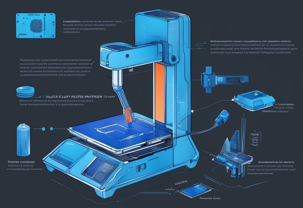 Futuristische digitale Illustration eines detaillierten, beschrifteten Diagramms zum Zusammenbau eines 3D-Druckers, Hauptfarbe elektrisch blau.