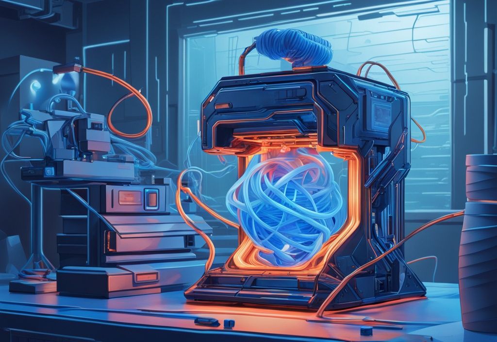 Futuristische digitale Illustration eines 3D-Druckers beim ABS Drucken eines komplexen Objekts mit elektrischen blauen Farbtönen und sichtbaren Filamentsträngen.