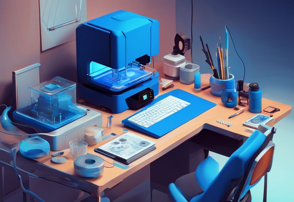 Futuristische digitale Illustration in Elektrischblau mit kleinem 3D-Drucker auf modernem Schreibtisch und Miniatur-Objekten.