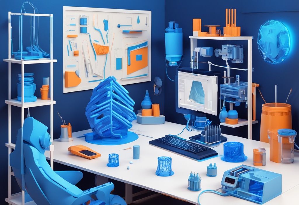 Futuristische digitale Illustration eines besten 3D Druckers bis 500 € in elektrischen Blau, der ein kleines Objekt auf einem Arbeitsplatz mit verschiedenen 3D-gedruckten Gegenständen druckt.