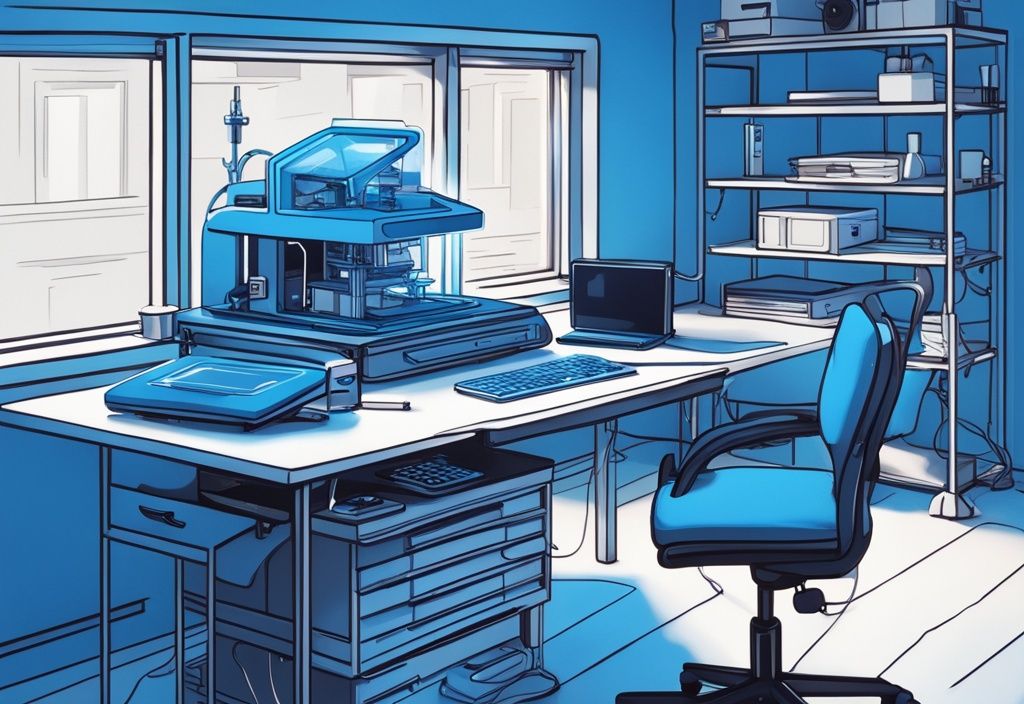 Futuristische digitale Illustration in elektrischen Blau mit einem kleinen 3D Drucker, der auf einem organisierten Schreibtisch ein Miniaturmodell eines modernen Hauses druckt.