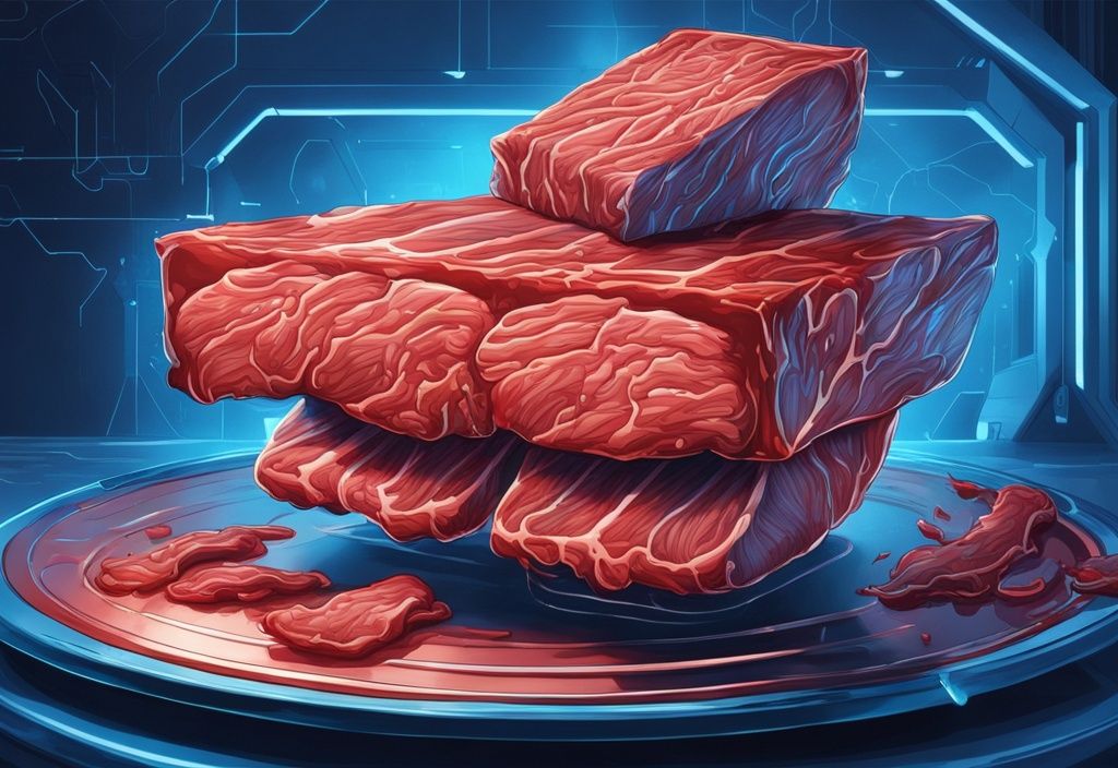 Futuristische digitale Illustration eines 3D-Druckers, der ein detailliertes Stück Fleisch auf einen High-Tech-Metallteller druckt, Hauptfarbthema: elektrisches Blau.